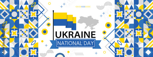 Ukraine banner for national day with cultural design. Ukrainian flag and map with typography and blue yellow color theme.