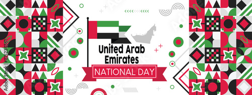 UAE national day banner for independence day anniversary. Flag map of united arab emirates & modern geometric retro abstract design. Red green black theme.
