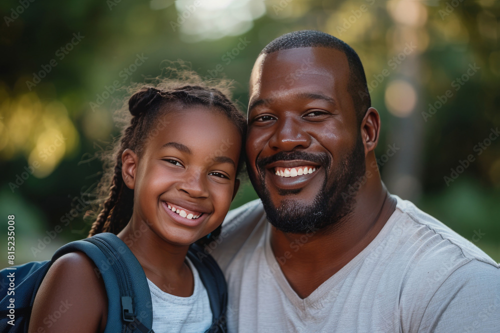 Happy black brutal father and cute little daughter with curly hair braided into pigtails smiling and enjoying time together at park. Sweet moments of fatherhood Happy black brutal father and cute little daughter with curly hair braided into pigtails smiling and enjoying time together at park. Sweet moments of fatherhood