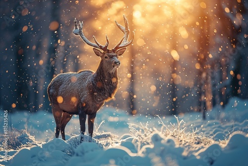 Beautiful Christmas scene with a deer in a winter snowy forest © Zidane