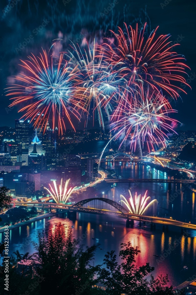 Dazzling Pittsburgh Fireworks Display Over City Skyline and Rivers at Night Vibrant Celebration