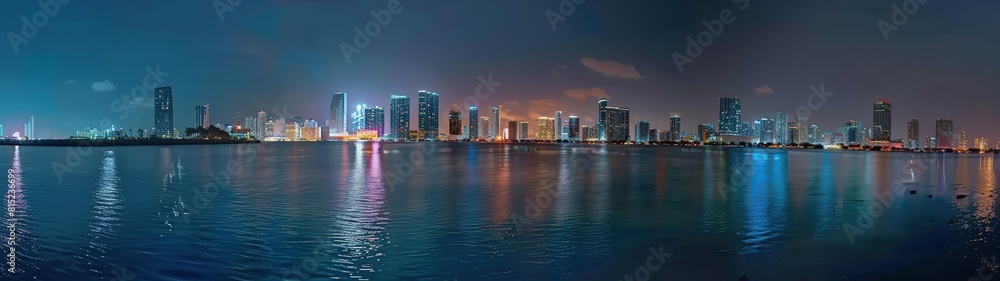 Naklejka premium Panorama of downtown Miami skyline at night