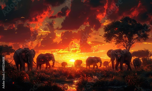 Concept art of a wild savannah with roaming elephants and acacia trees  immersive wilderness scene  sunset