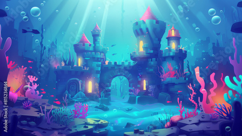 An enchanting digital illustration of a fantasy underwater castle surrounded by vibrant coral and marine life. © khonkangrua