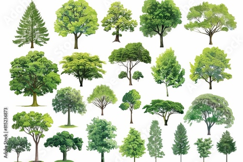 collage of diverse green tree species isolated on white nature clipart collection