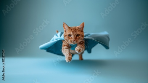 Dynamic and playful image of an orange tabby cat in mid-leap with a blue cape