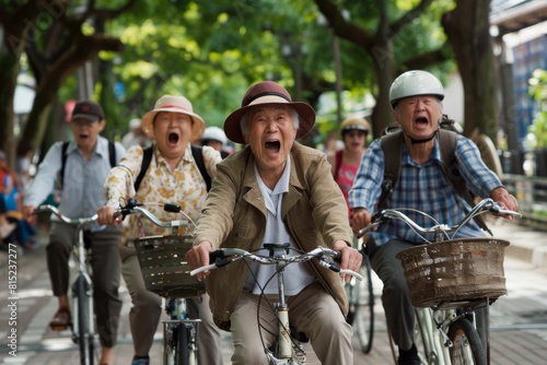 Group of happy senior people riding bicycles in the city. Cheerful senior man riding bicycle in the city.