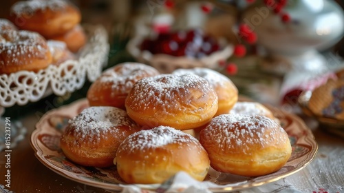On Fat Thursday in Poland people indulge in the delicious tradition of savoring golden deep fried paczki decadently filled with sweet rose hip jam and dusted with powdered sugar This festiv photo