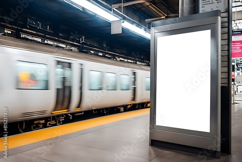  Blank advertising mockup board for advertisement at the train platform  or A mockup poster stands within a train station © Land Stock