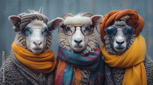 Three sheep wearing glasses and scarves