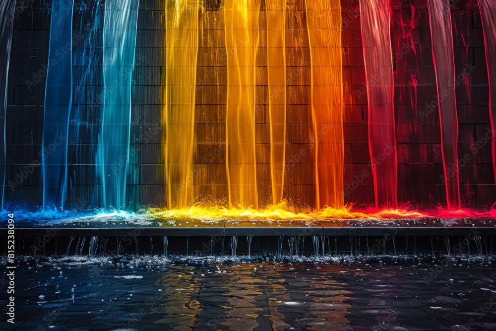 Naklejka premium A vivid display of water jets illuminated with rainbow colors against a dark background at nighttime