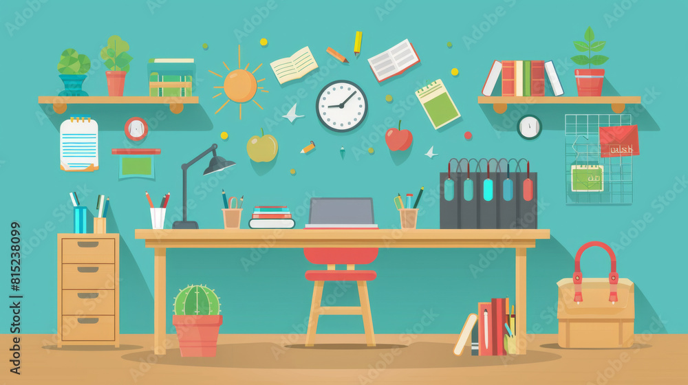 Artistic illustration showing a vibrant and organized creative workspace with various office supplies. Artistic illustration showing a vibrant and organized creative workspace with various office supplies.