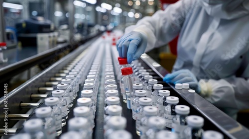 Scientist examining vials in a pharmaceutical factory