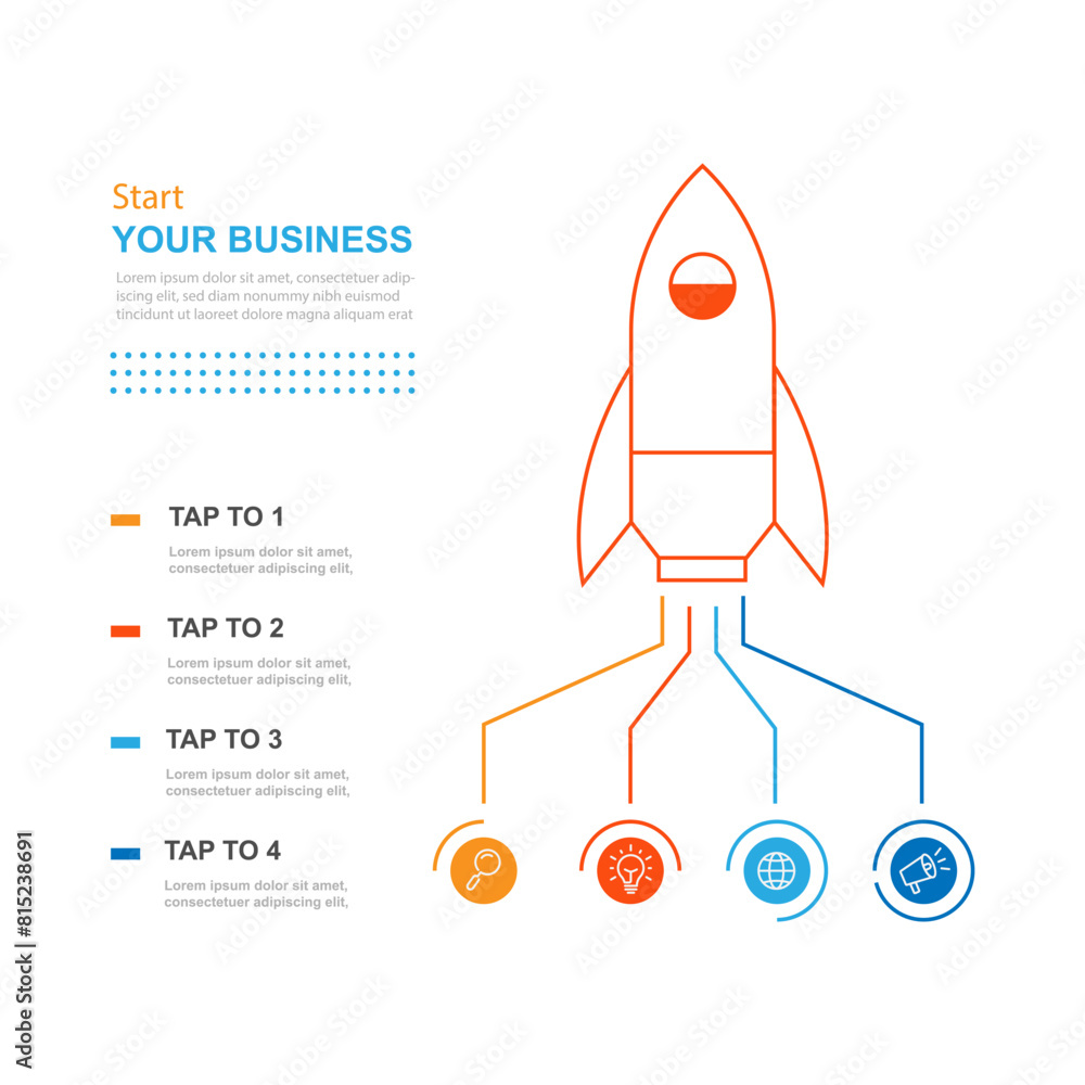 Business infographic template with launch concept and 4 option, section. Timeline process infographic suitable for workflow, presentation, and web graphic design Business infographic template with launch concept and 4 option, section. Timeline process infographic suitable for workflow, presentation, and web graphic design