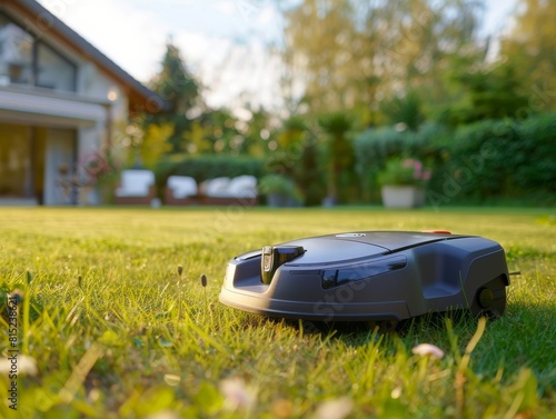 An automated vacuum cleaner or lawn mower in action while giving people time to relax or enjoy another activity.