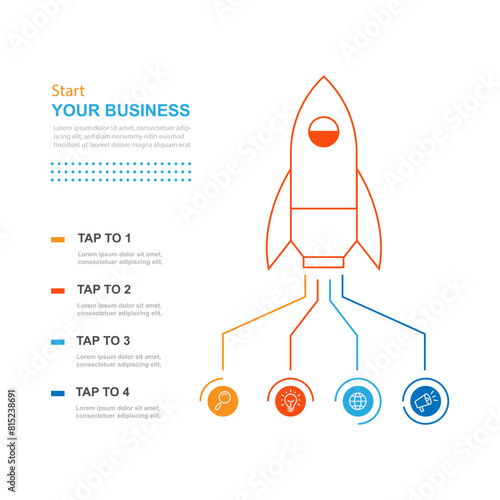 Business infographic template with launch concept and 4 option, section. Timeline process infographic suitable for workflow, presentation, and web graphic design 