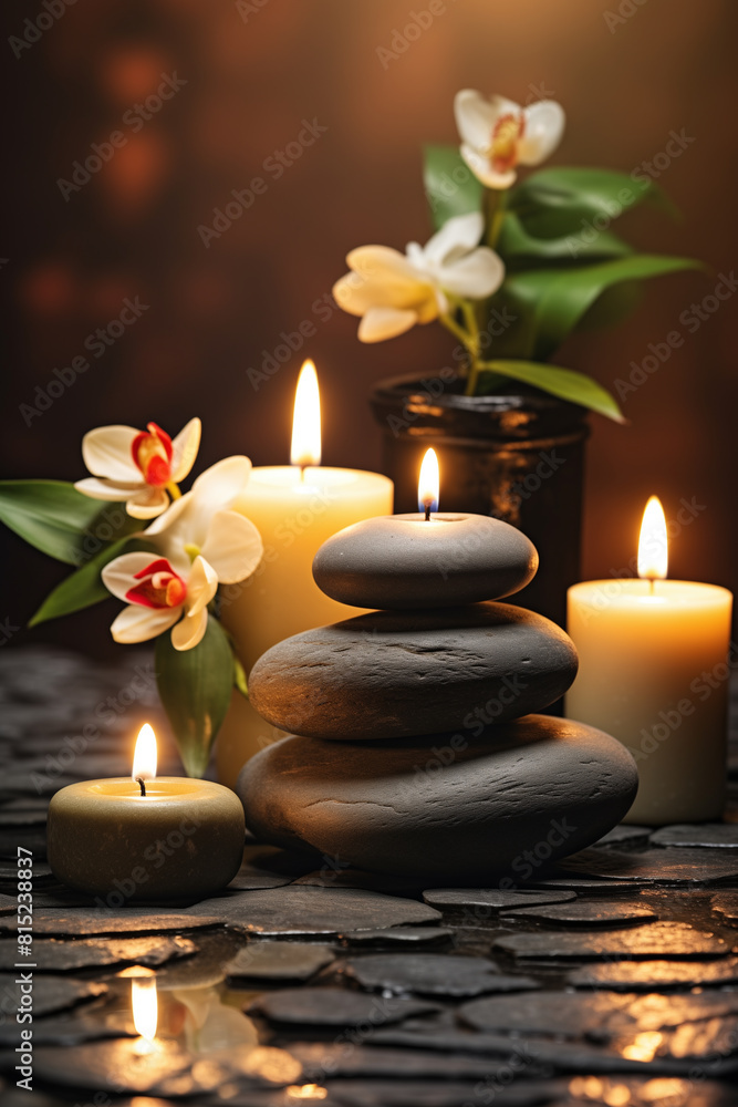 Candles and Massage Stones in a Zen Spa Background Candles and Massage Stones in a Zen Spa Background