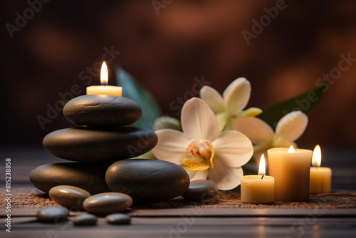 Obraz na plátně Candles and Massage Stones in a Zen Spa Background