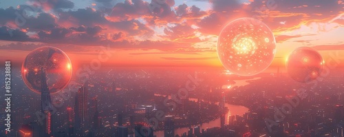 Concept of glowing energy orbs over a futuristic cityscape  twilight  aerial view