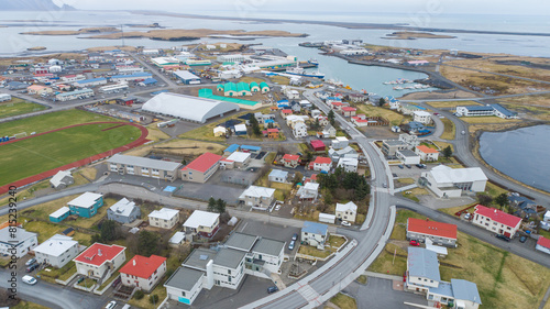 Aerial view of town of Hofn in hornafjordur in Iceland photo