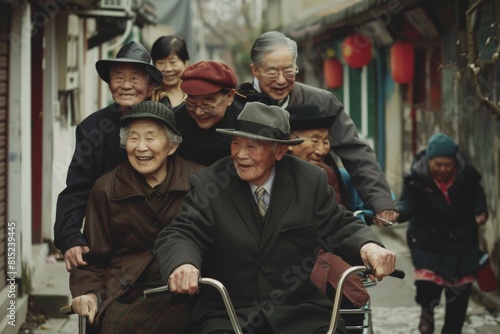 Group of asian senior people walking in the street with a wheelchair