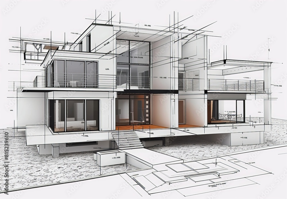 Wireframe rendering of a contemporary house with technical details Wireframe rendering of a contemporary house with technical details
