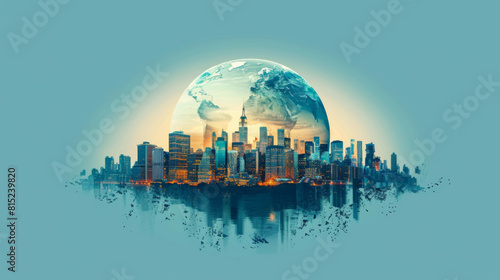 Artistic rendering of a global cityscape with a transparent Earth overlay showing major cities.