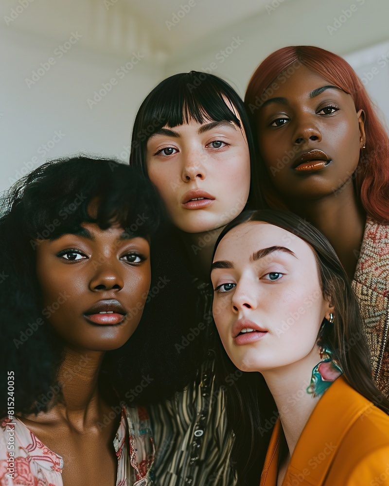 Obraz premium Fashion inclusivity, a high-fashion shot featuring models of various body types, ethnicities, and genders, challenging traditional beauty standards. 
