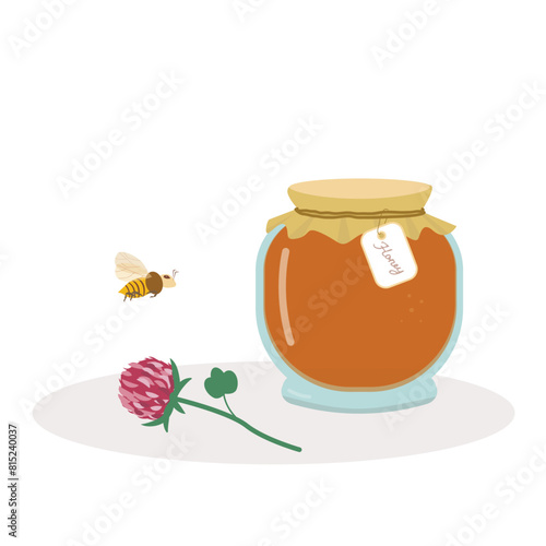 Honey in glass jars and bee in hand drawing style