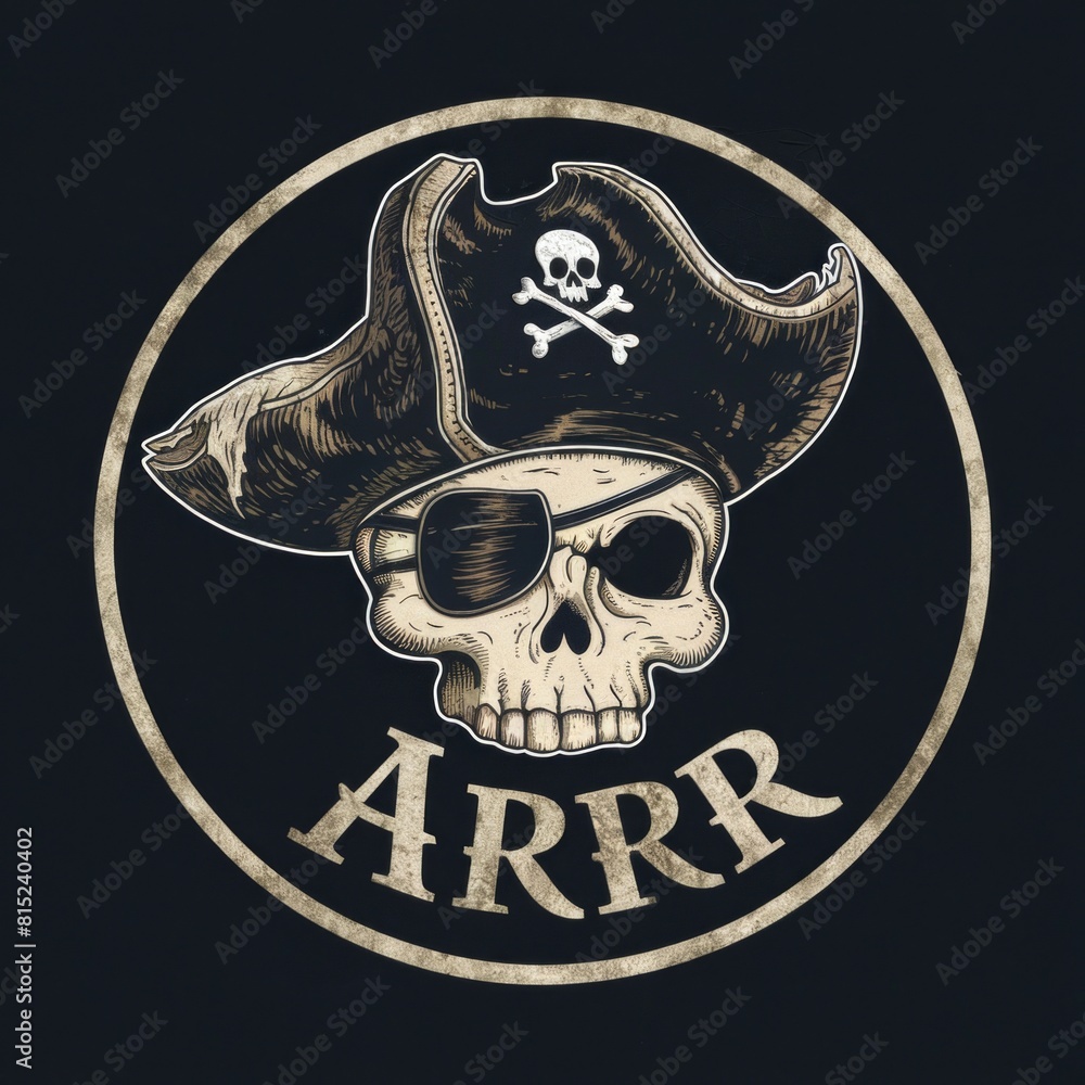 Fototapeta premium Arrr Pirate Skull with Crossbones and Hat Emblem in Vintage Style Design.