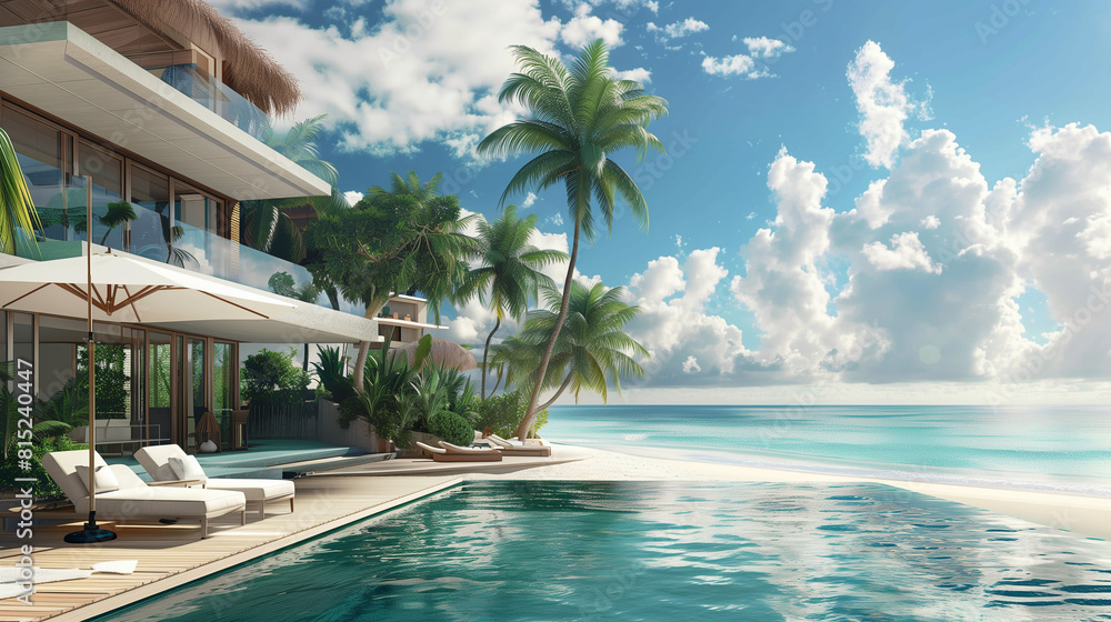 Fototapeta premium Modern Beach House With Pool and Lounge Chairs