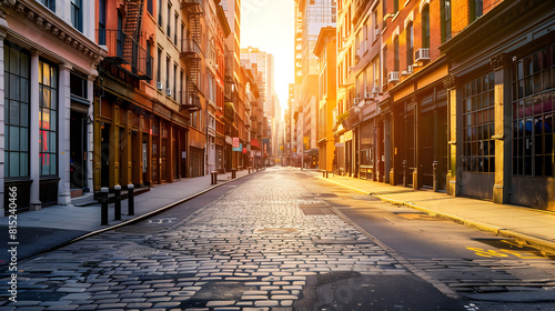 An empty street at sunset in Soho district  New York  creating a tranquil and peaceful urban atmosphere. Suitable for travel and city life websites or publications.