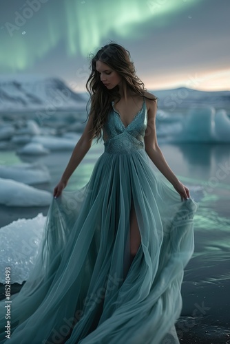 Ethereal fashion portrait, Icelandic model, against a backdrop of Northern Lights. 