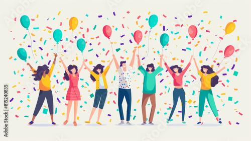 Illustration of diverse group of people joyfully celebrating with balloons  confetti  and colorful streamers.