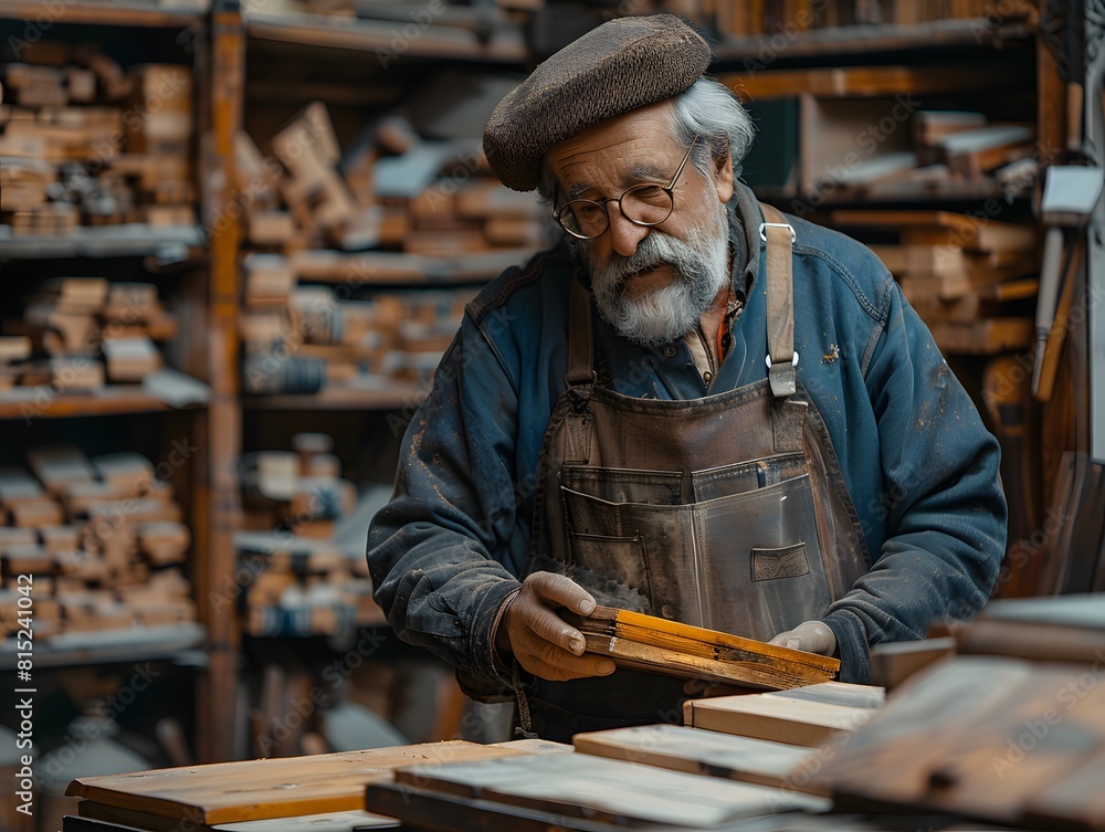 Traditional woodworker in artifact-filled workshop Traditional woodworker in artifact-filled workshop