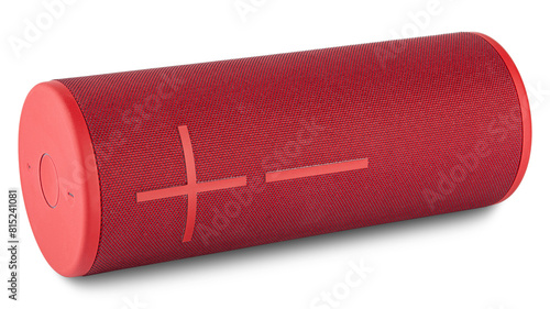 Sound bluetooth speaker. Round red cylinder outside loudspeaker. Outdoor boombox for sound of music. Portable electronic for radio. Volume control for musical sound. Mobile amplifier. White isolated.