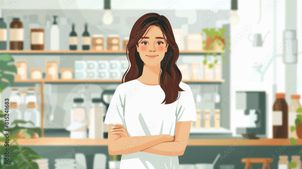 A cheerful young woman, a barista, confidently standing in a modern cafe environment. A cheerful young woman, a barista, confidently standing in a modern cafe environment.