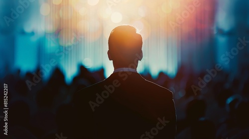 A man stands in front of a crowd of people