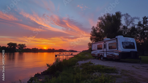 RV Parked Next to River at Sunset