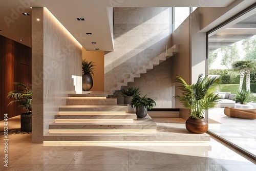 Interior design of modern entrance hall with staircase in villa, high resolution , high quality , shot on professional camera,