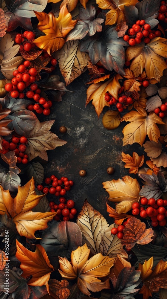 Fototapeta premium Autumn Leaves and Red Berries on a Dark Textured Background: Seasonal Nature Display.
