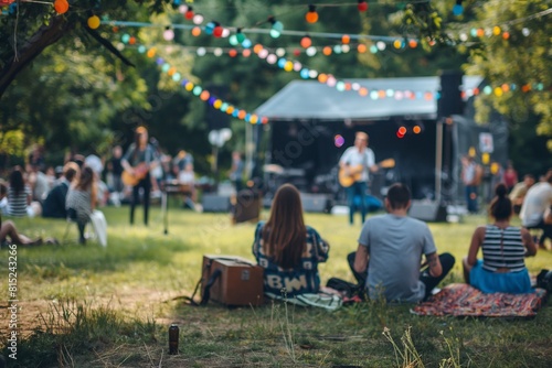 A group of friends are sitting on a blanket in the park, listening to a live band. They are all smiling and enjoying the day.