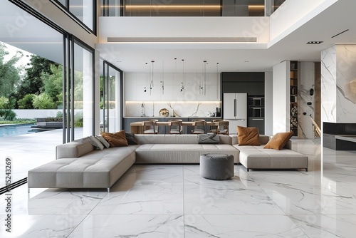 contemporary modern living room with open concept view through to dining room kitchen and Italian marble 