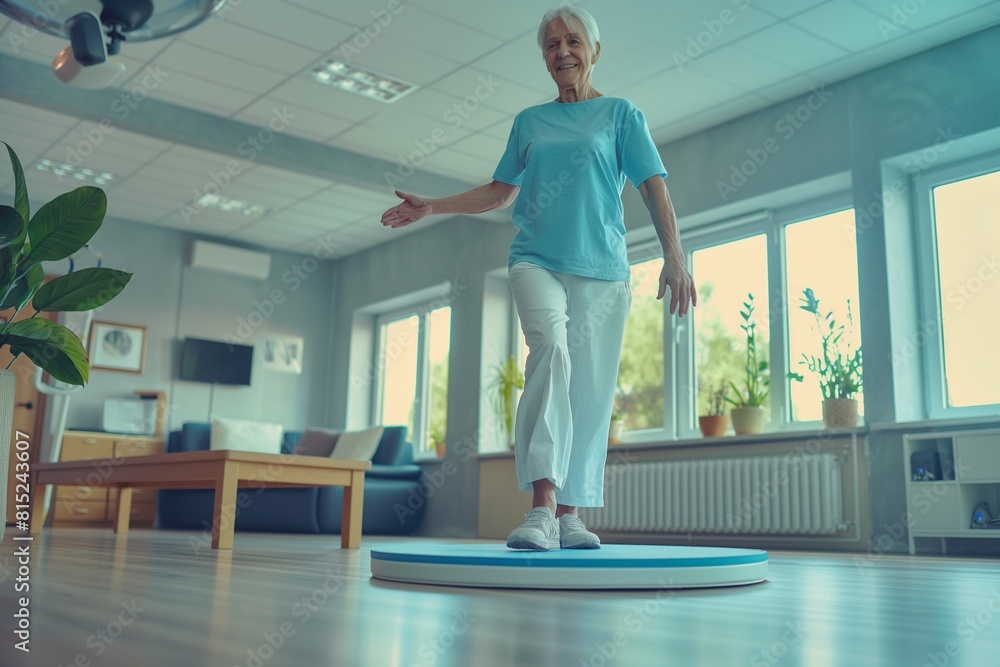 Senior woman doing balance exercises on a balance board at home