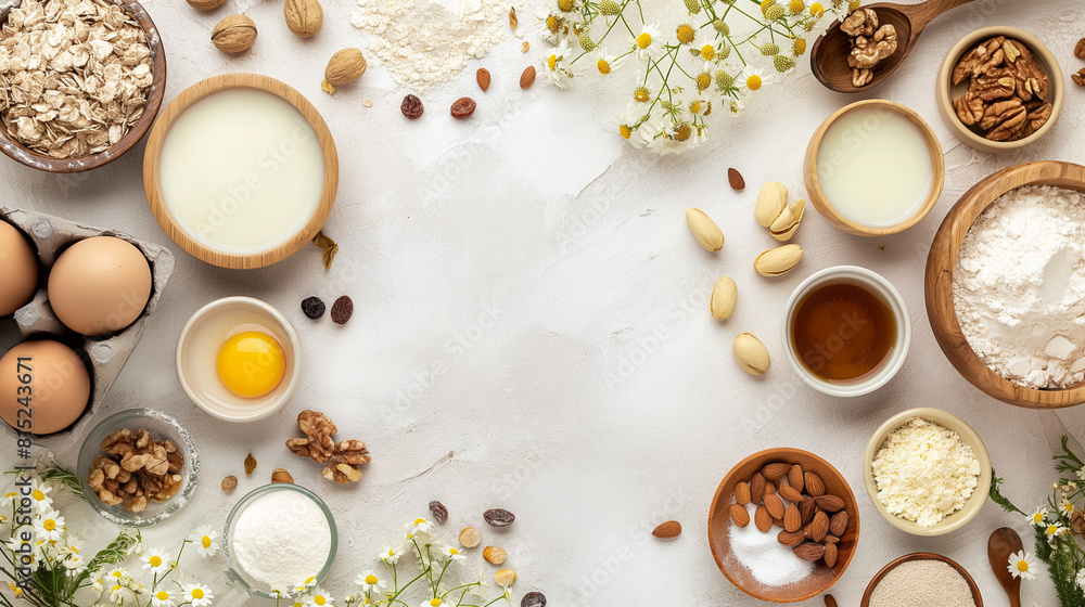 Baking theme: eggs, flour, milk, vanilla, raisins, nuts, sugar, butter - on a light background with white flowers, with space for text Baking theme: eggs, flour, milk, vanilla, raisins, nuts, sugar, butter - on a light background with white flowers, with space for text