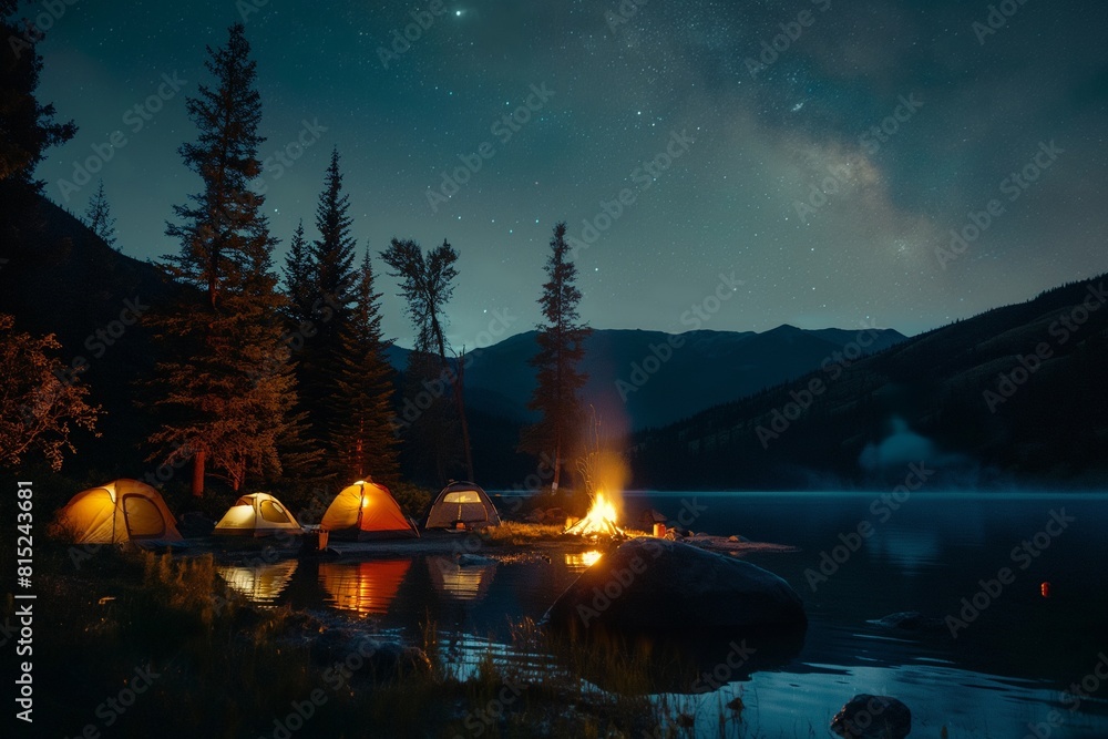 The beautiful night sky is full of stars. A bonfire burns on the shore of a lake, and several tents are pitched nearby.
