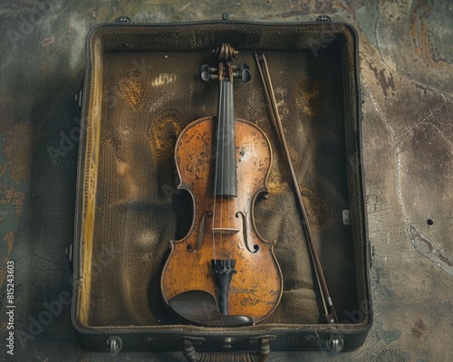 A forgotten, dusty violin with a broken string, resting in an open case. Golden ratio composition, photo