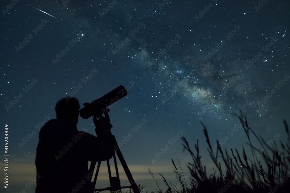 The man looking at the stars through a telescope The man looking at the stars through a telescope