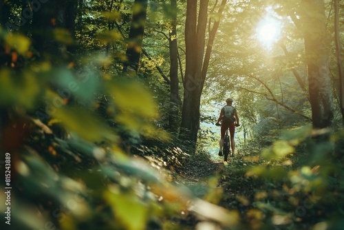 The photo shows a cyclist riding through a forest. The cyclist is wearing a helmet and a backpack. The forest is dense and green. The sun is shining through the trees.