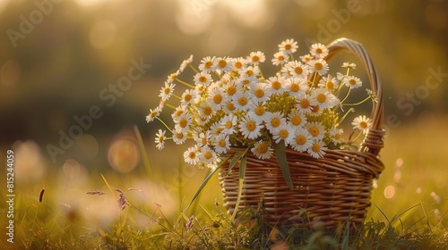 A stunning bouquet of daisies arranged in a charming wicker basket stands out against the lush blurred meadow backdrop of a Latvian summer solstice scene in the Baltics